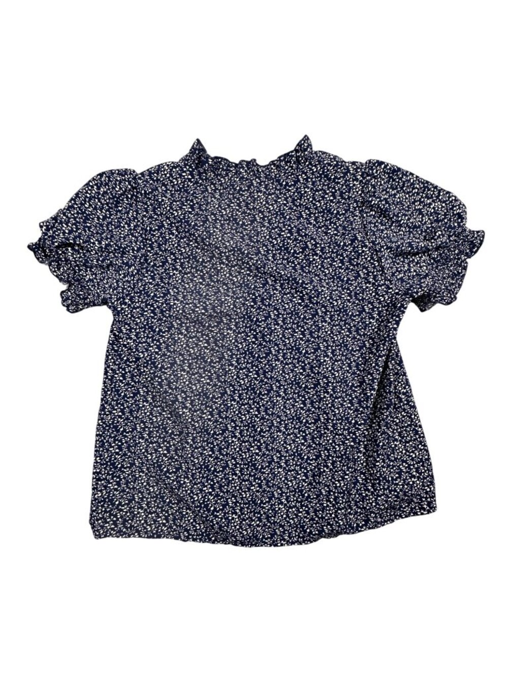 Elings Floral Embroidered Navy Blouse Short Puff Sleeves Ruffle Neckline Polyest - Picture 3 of 8